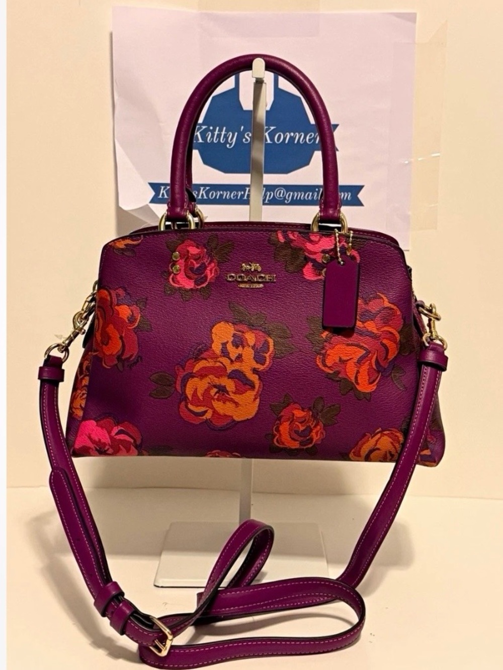 NWT Coach Mini Lillie Carryall in Dark Magenta Multi Jumbo Floral Print. - Picture 2 of 11